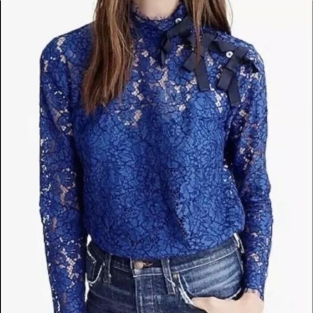 J Crew Mockneck Bow Top in Floral Lace